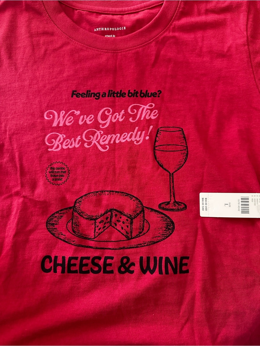 New with Tag Anthropologie Red Cheese & Wine Graphic Short Sleeve Tee - Picture 5 of 8